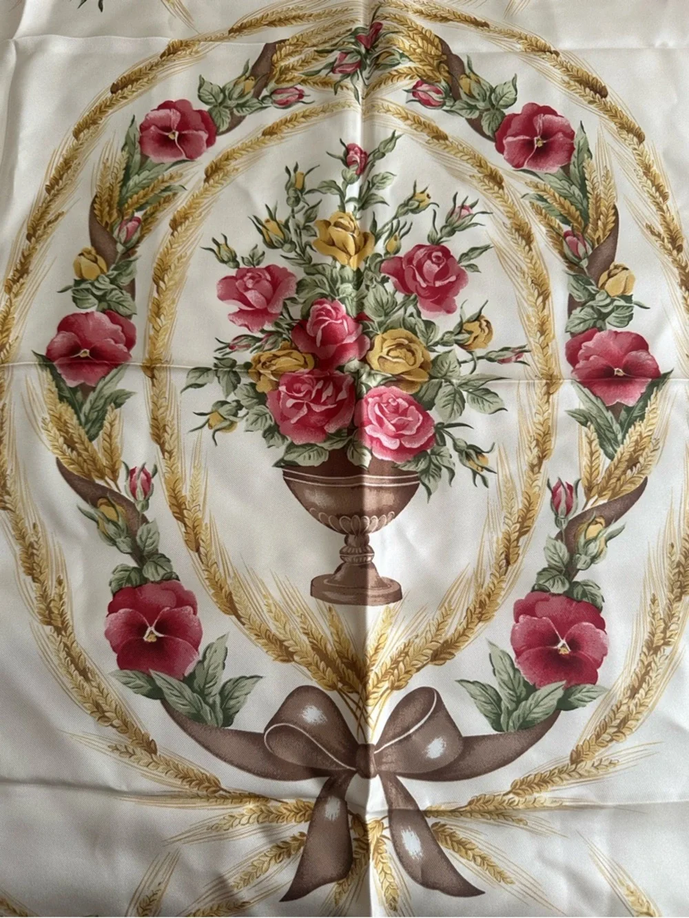 Dior Cream Silk Scarf with Pink Roses and Gold Accents